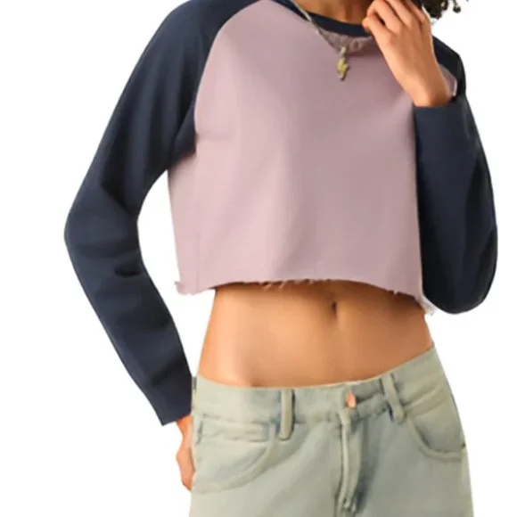 Raw-Hem Color-Block Raglan Crop Sweatshirt - Picture 2 of 2